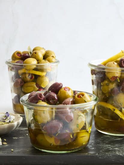 Jars of marinated olives.