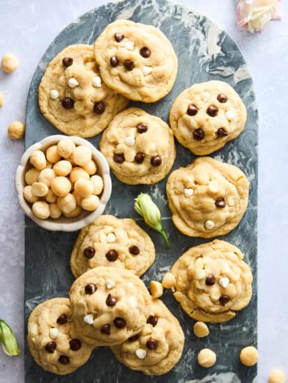 A platter of chocolate chocolate macadamia nut cookies.