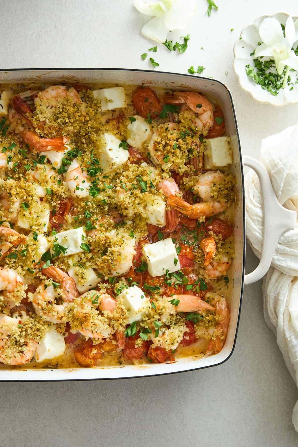 Panko Shrimp and Feta Bake topped with breadcrumbs. 