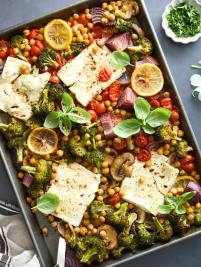 Sheet pan feta with veggies and chickpeas.