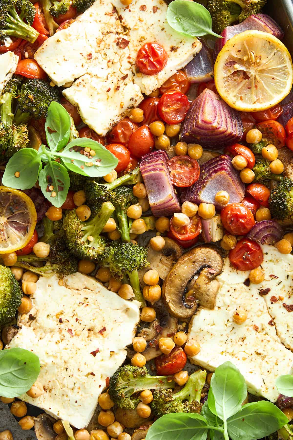 Close up image of sheet pan feta and veggies. 