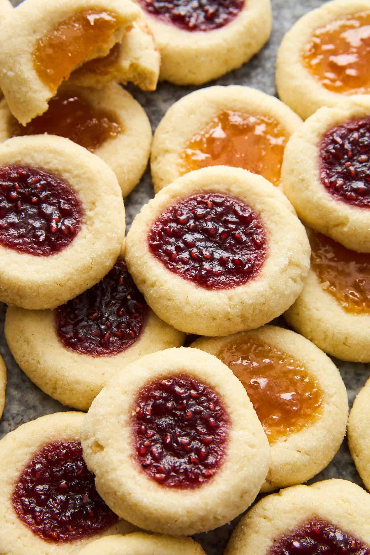 Jam thumbprint cookies with raspberry and apricot jam.