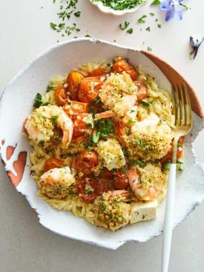 A plate of panko shrimp and feta.