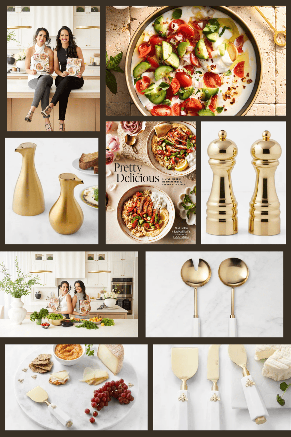 A collage featuring cookbooks held by two women in a kitchen, a dish with tomatoes and cucumbers, gold-colored kitchen items, a salad server set, cheese with grapes, and a cookbook titled Pretty Delicious.