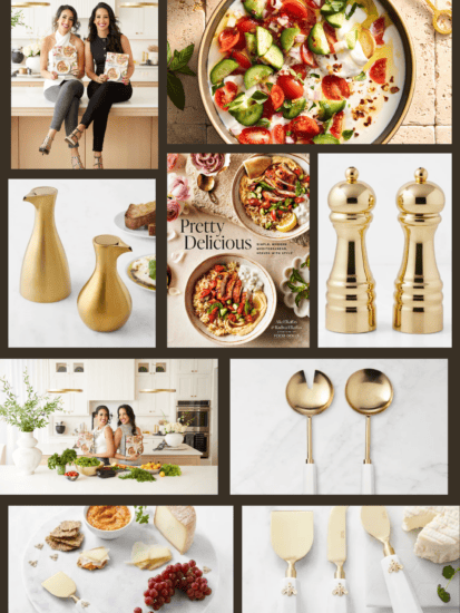 A collage featuring cookbooks held by two women in a kitchen, a dish with tomatoes and cucumbers, gold-colored kitchen items, a salad server set, cheese with grapes, and a cookbook titled Pretty Delicious.