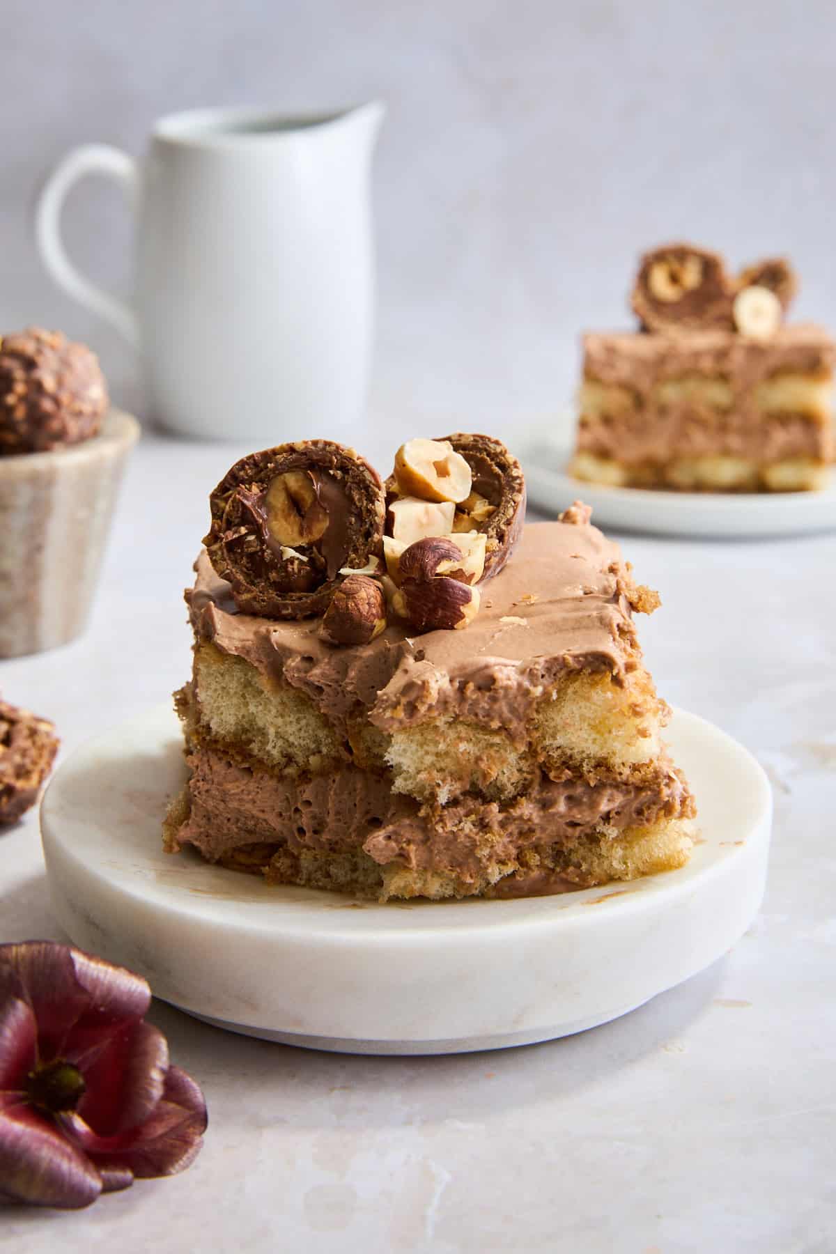 A slice of Nutella tiramisu on a plate.